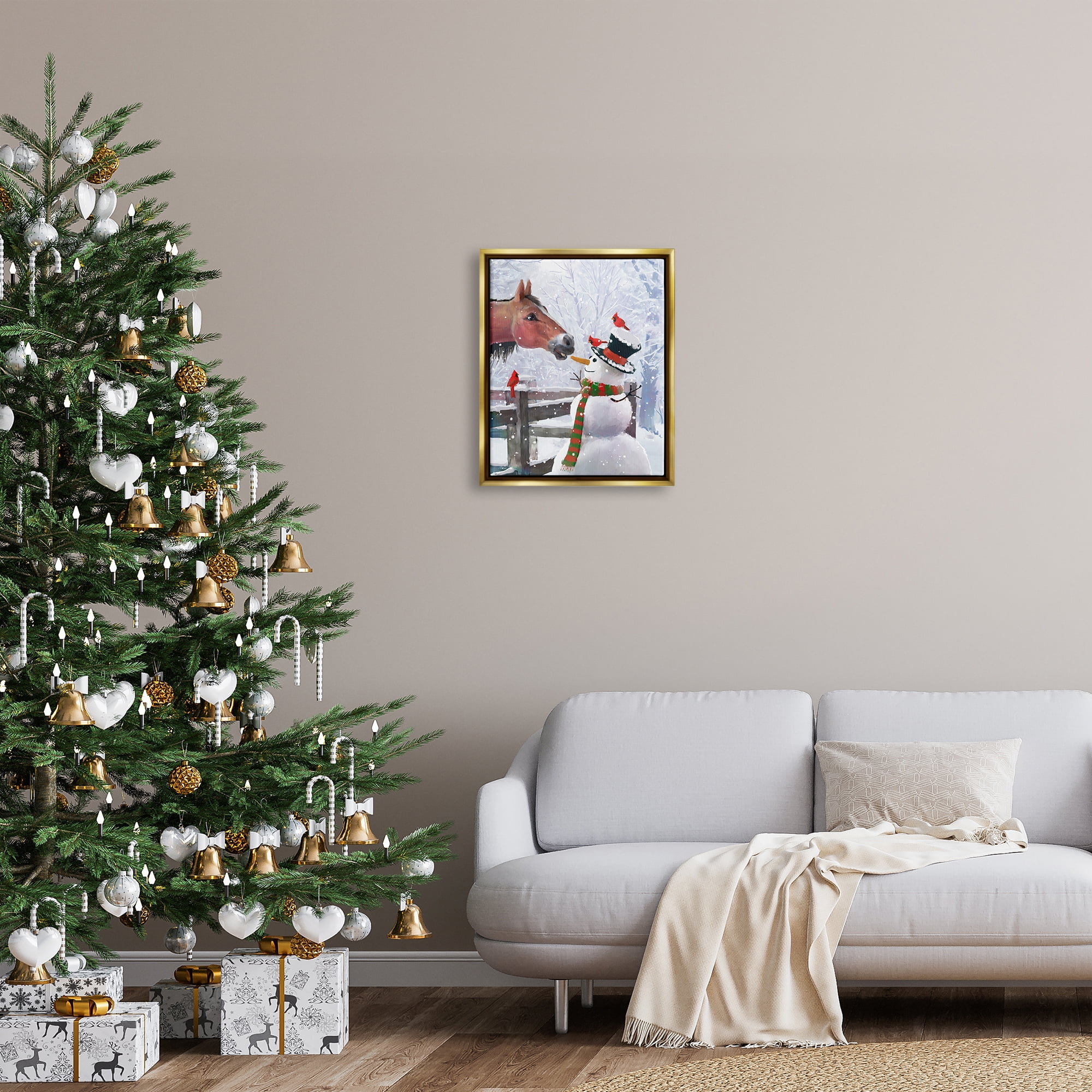 Stupell Industries Horse Eating Snowman Carrot Scene Holiday Painting Gold Floater Framed Art Print Wall Art