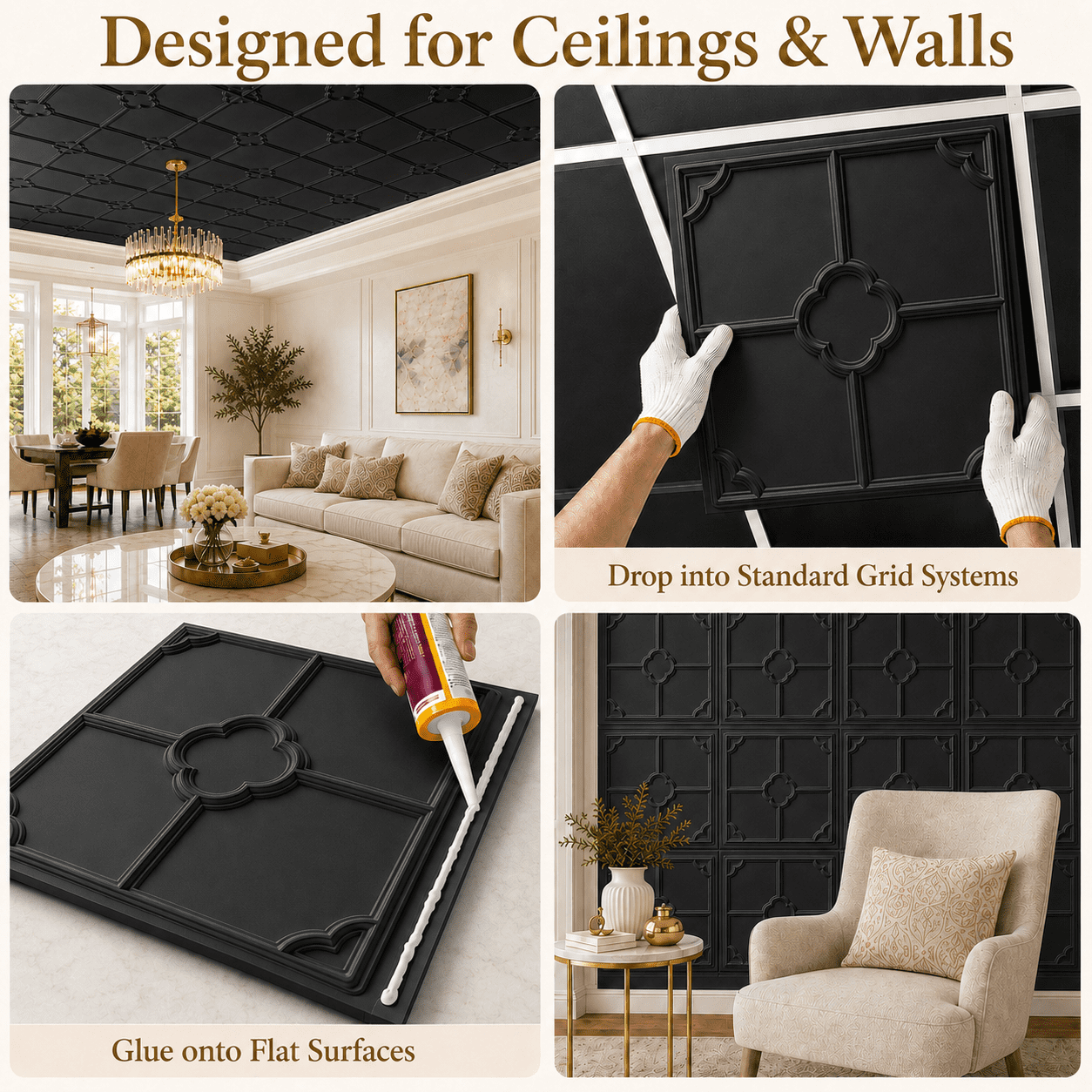 Yeslife 12-Pack Decorative Ceiling Tiles, 2 x 2 ft Black Embossed Panels, Waterproof Lightweight Drop-in Glue-up for Living Room Kitchen Bathroom, 48 sq ft