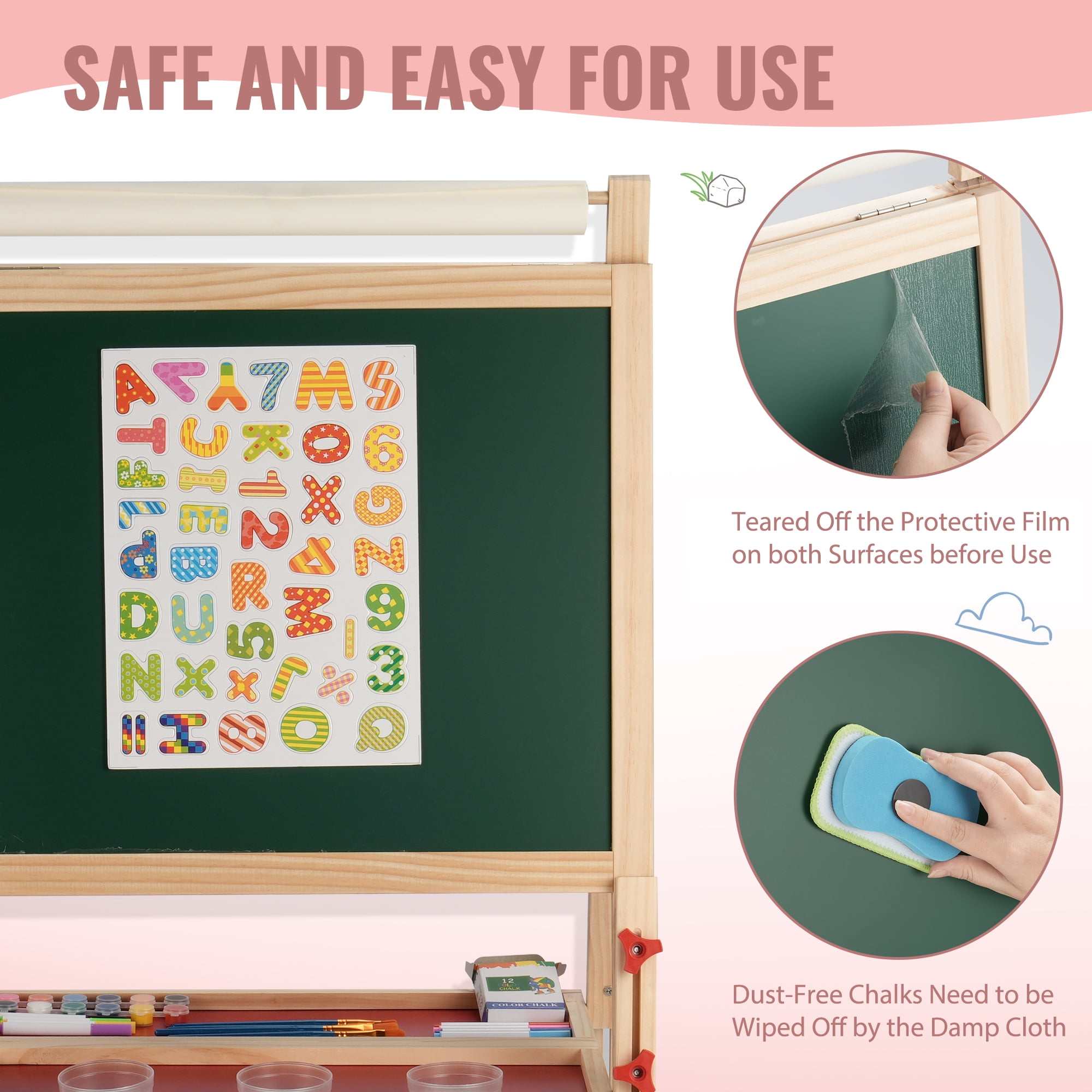 Art Easel for Kids with Paper Roll, Adjustable Double Side Art Drawing Standing Chalkboard for Toddlers 3-12, Boy & Girls Wooden Gift & Art Supplies for Toddler
