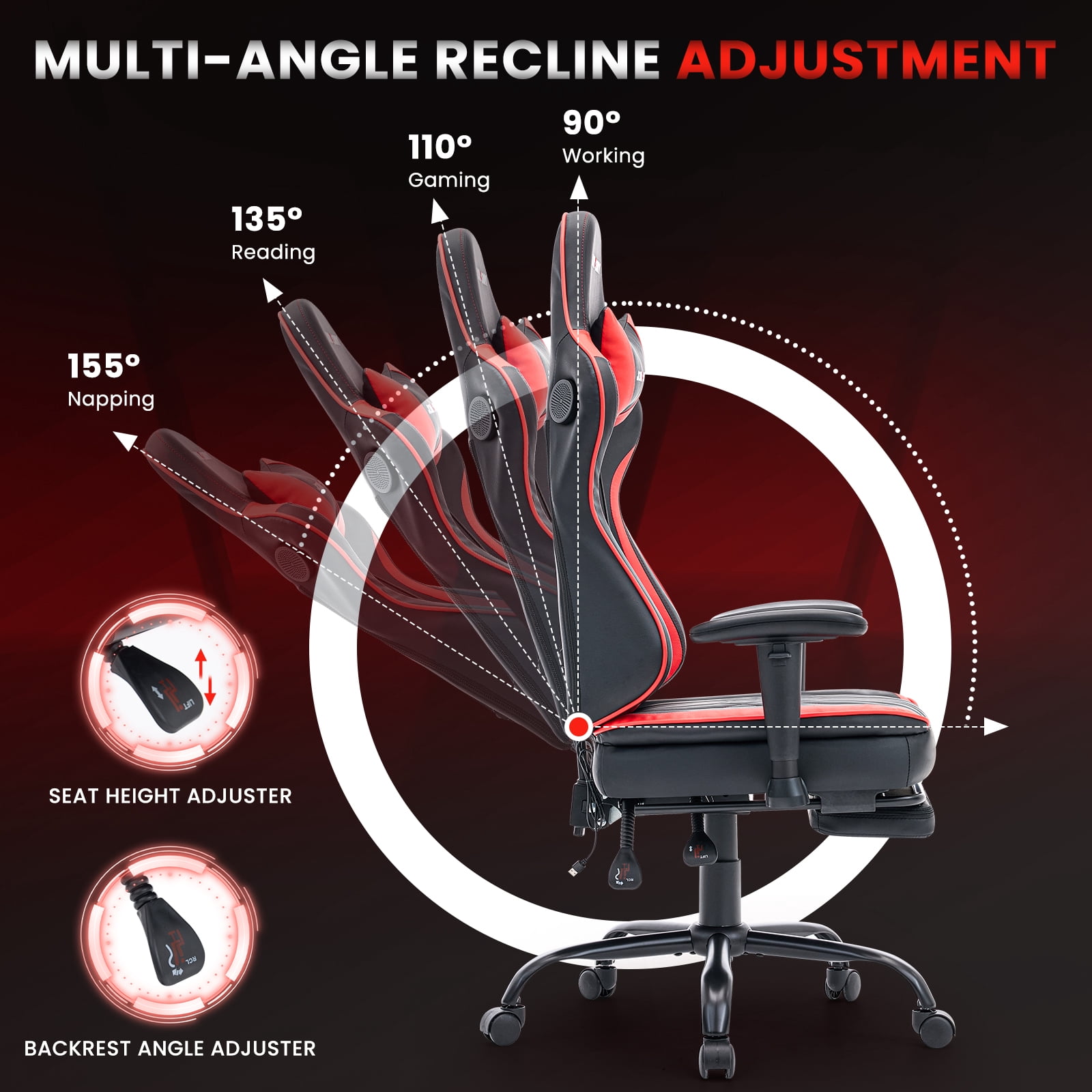 JONPONY Big and Tall 500lbs Gaming Chair with Bluetooth Speakers, Gamer Chair with Footrest and Lumbar Support & 360-Swivel Seat, Ergonomic Gamer Chair with Headrest, Red