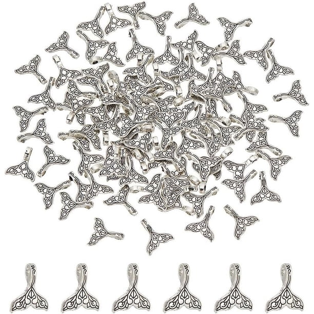 100 piezas de dijes de cola de plata con forma de cola de pez oceánico, colgantes de estilo tibetano, pequeños dijes colgantes de aleación.