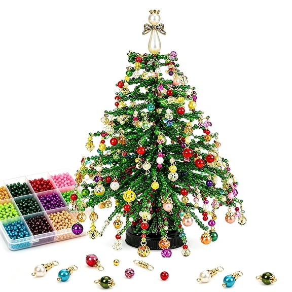 DIY Beaded Christmas Tree Kit with LED Lights, Beaded Christmas Tree Craft Kit with Colorful Beads & Ornament Charms, Christmas Beading Kits for Adults, Christmas Ornament Kit, Tabletop Holiday Decor