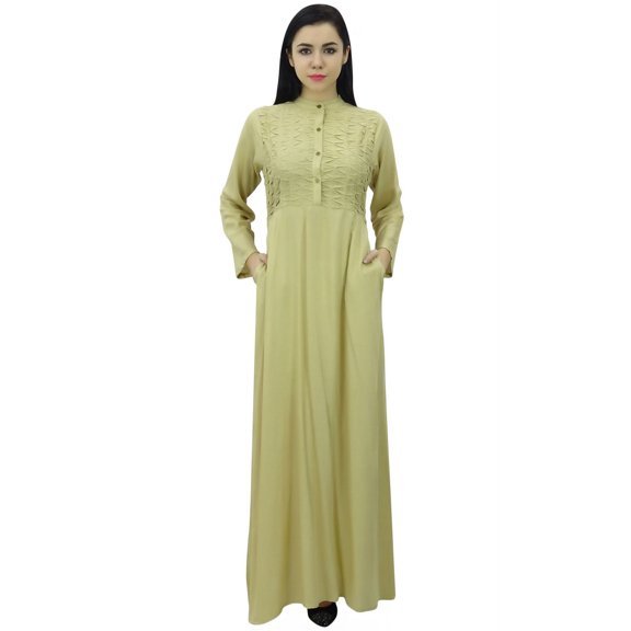 Bimba Women's Mandarin Collar Plain Jilbab Dress With Pockets Full Sleeve Maxi