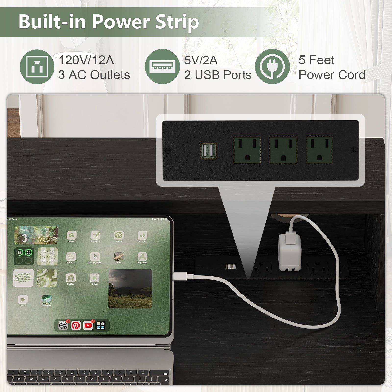 Lumiinofami 59" Executive Office Desk Computer Writing Desk Laptop PC Workstation with Power Outlets, Heightened Stand, Storage Cabinets and 3 Drawers,White & Black