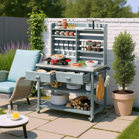 GOMYHOME Solid Wood Outdoor Kitchen Island with Upper Hutch and Stainless Steel Countertop, Natural Finish