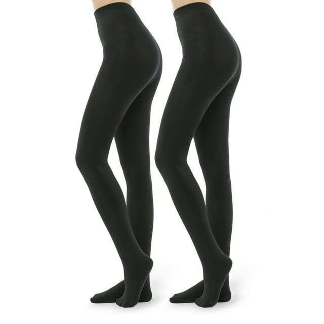 G&Y 2 Paires de Collants Doublés en Molleton pour Femmes - Collants d'Hiver Opaques 100D. l'Image Affiche Deux Paires de Collants Noirs avec un Intérieur Doublé en Molleton et une Finition Opaque. Fabriqués à Partir de 87 % polyester et 13 % Élasthanne, Ces Collants Sont Conçus pour la Chaleur et le Confort pendant les Saisons plus Froides. Ils Présentent une Taille Très Extensible pour un Ajustement Sécuritaire et Sont Disponibles en Noir, nude, Bourgogne et Bleu Marine, avec des Tailles Allant de Petite à Grande Taille.