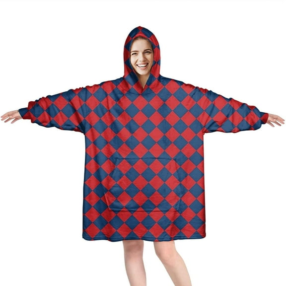 Red Blue Checkered Pattern Wearable Oversized Blanket,Wearable Blanket Hoodie for Adults,Cozy Hooded Blankets with Super Pockets,Super Warm Fuzzy Pullover for Women & Men