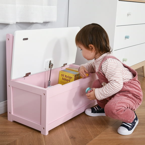 Qaba 2-in-1 Kids Wooden Toy Organizer Chest Storage Box with Seat Bench Cabinet Chunk Cube with Safety Pneumatic Rod Pink