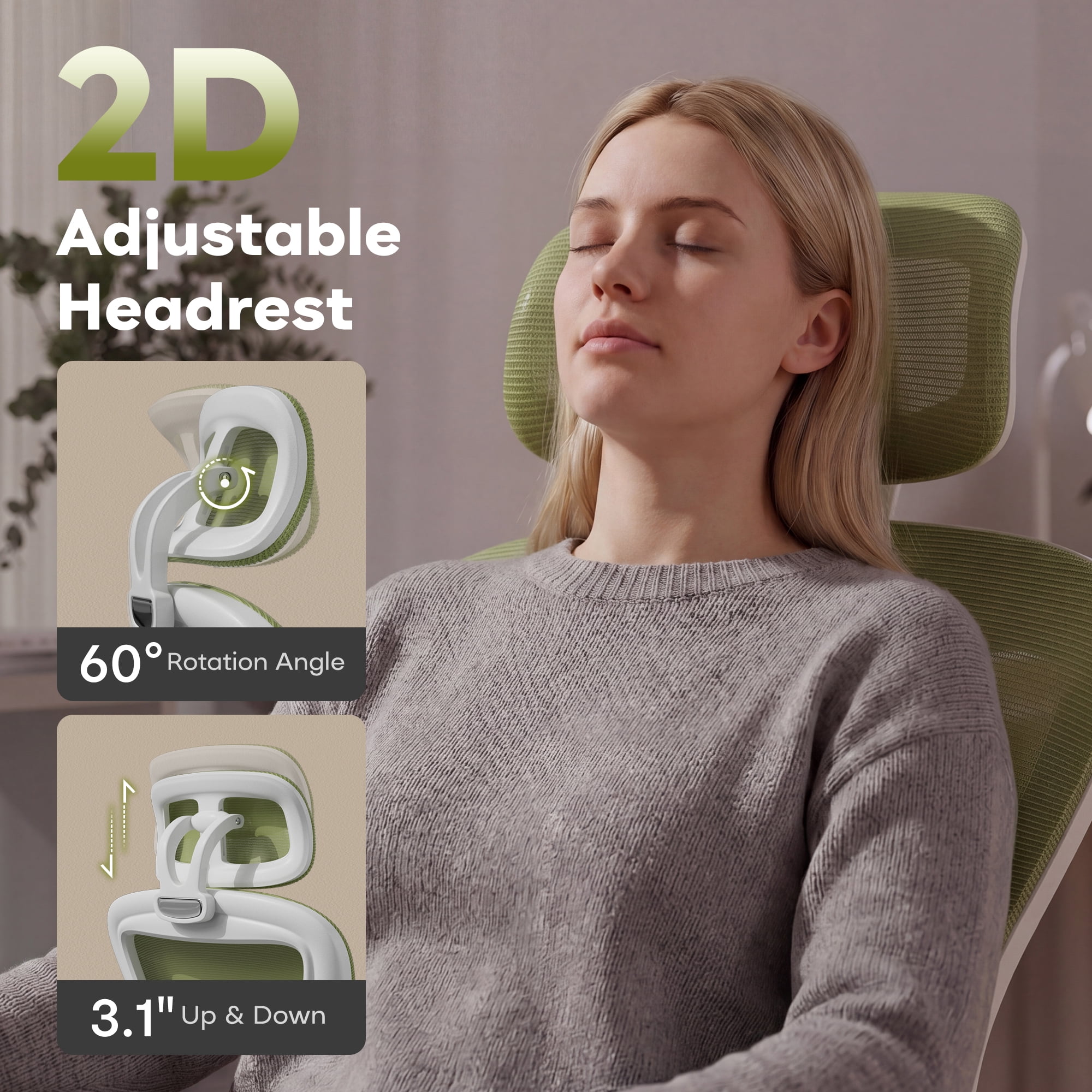 iooHug Ergonomic Mesh Office Chair with Adjustable Lumbar Support, Computer Desk Chair with Headrest, Flip-Up Arms, Green