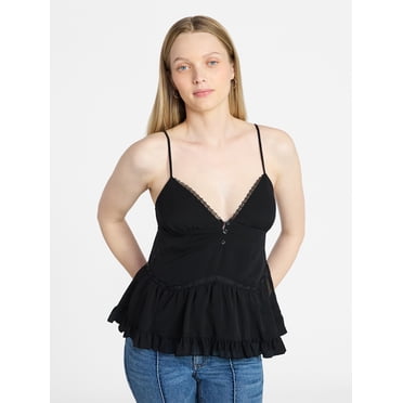 No Boundaries Button Front Ruffle Lace Trim Cami Top, Women's XXS-XXL