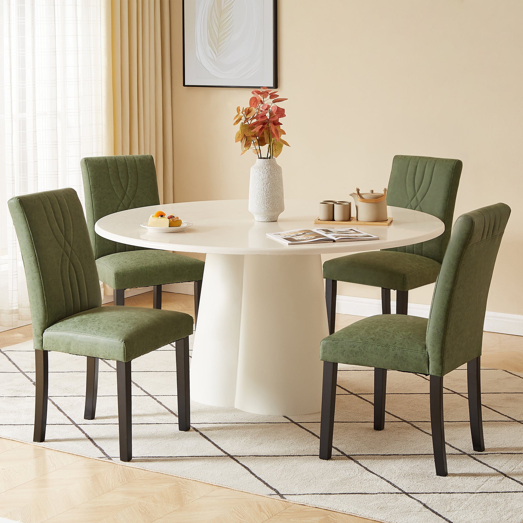 VECELO Upholstered Dining Chairs, Modern PU Leather High Back Chair with Wood Legs for Kitchen, Living Room, Set of 6, Dark Green
