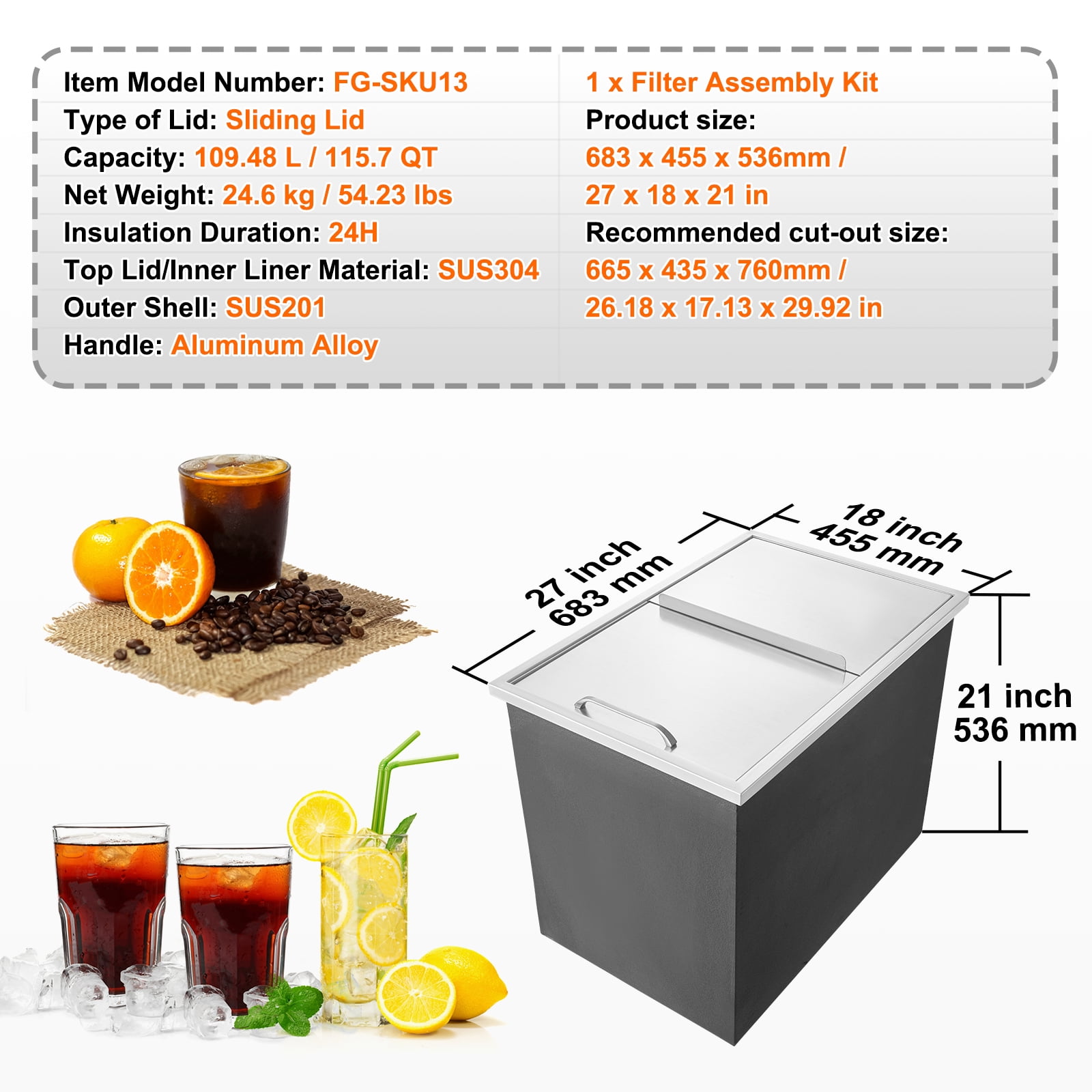 KFFKFF Drop-in Ice Chest, 27"L x 18"W x 21"H Stainless Steel Cooler, Commercial Ice Bin with Sliding Lid, 40.9 qt Outdoor Kitchen Ice Storage, Includes Drain Pipe and Plug, Ideal for Chilled Drinks