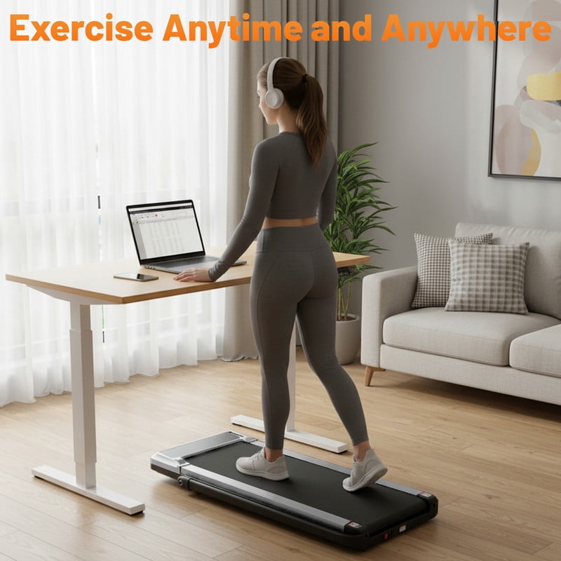 Simenmax 2-in-1 Foldable Walking Treadmill with Handrails, Quiet Under Desk Treadmill for Home Office, Remote Control, LED Display, 265lbs Capacity, Silver