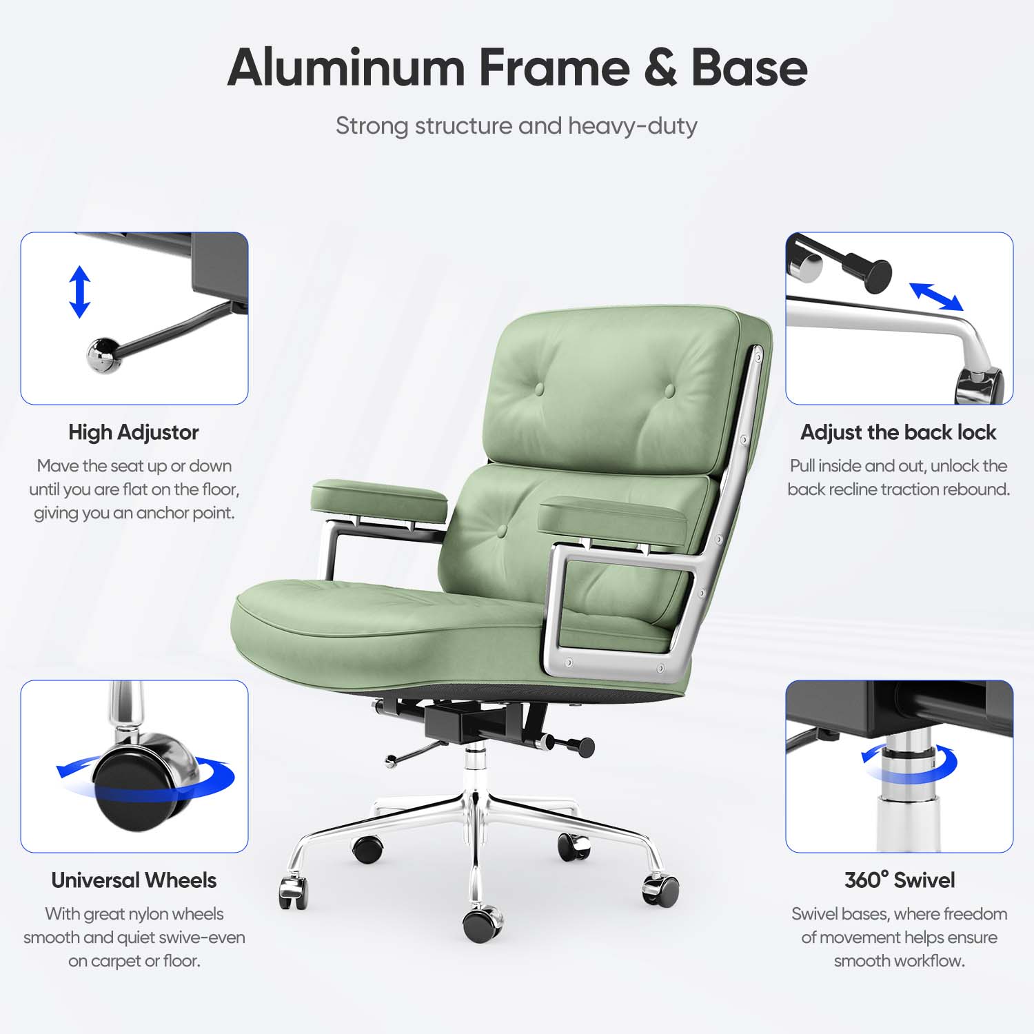 Cottinch Mid Back Genuine Leather Office Chair, Executive Desk Chairs with Aluminum Arms & Thickened Backrest, Ergonomic Office Chair Swivel Office Leather Chair with Lumbar Support, Green