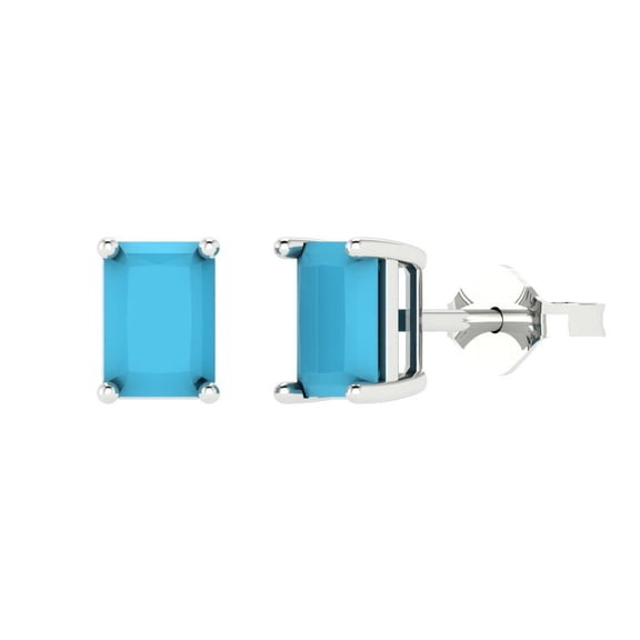 1 ct Push-Back Stud Earrings for Women | 6x4mm Emerald Cut Simulated Turquoise | 18K White Gold