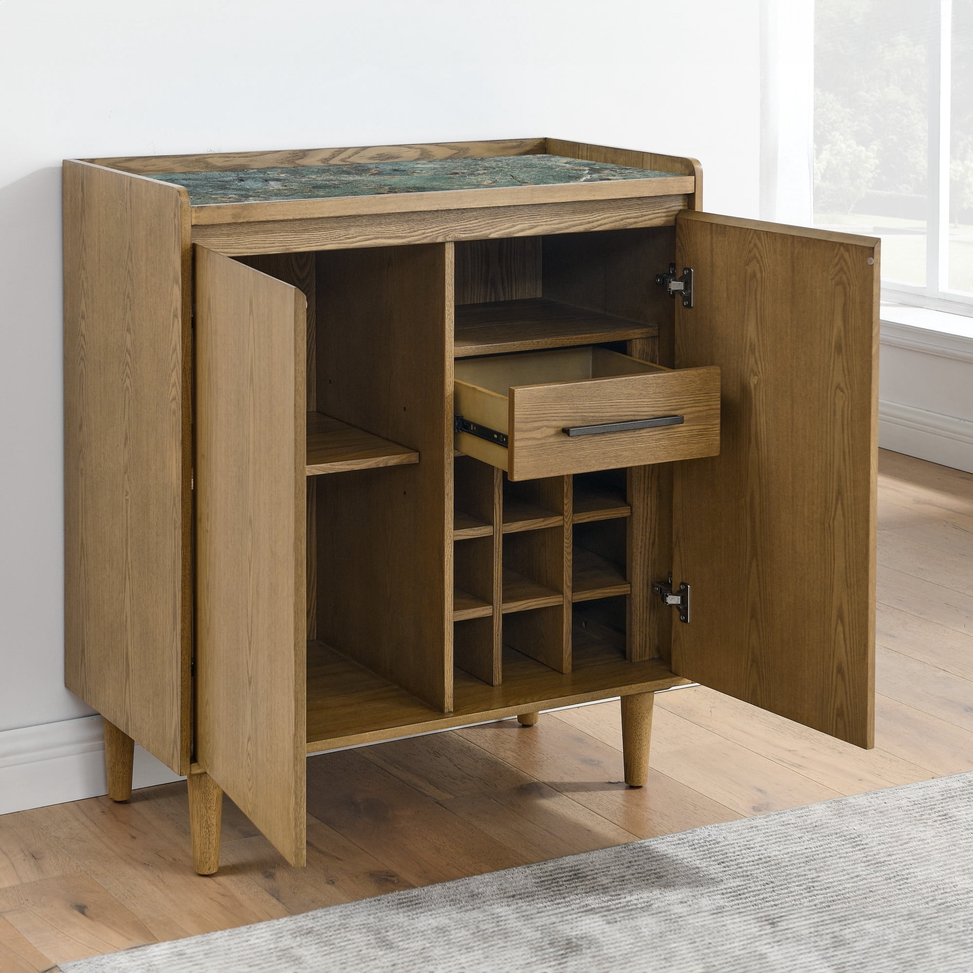 Steve Silver Novato Mid Century Modern 35" Sintered Stone Top Bar Cabinet, Light Chestnut