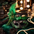 thumbnail image 4 of 2 Pack, Green Masquerade Mask Set, Halloween Mask Couples Party Accessory, Feather and Glitter Decorated Eyemask for Stage Performance, Holiday Outfit, 4 of 4