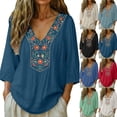thumbnail image 2 of Embroidered Tops for Women 3/4 Sleeve Boho Cotton Linen Shirts Plus Size Peasant Gauze Blouses Casual Bohemian Shirts (XL,Navy), 2 of 8