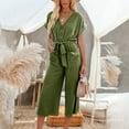 thumbnail image 3 of SELONE Rompers for Women Casual Short Wide Leg Loose Fit Pants Ladies Travel Comfortable 2023 Vacation Womens Jumpers and Rompers Casual Short Sleeve Lace with Pockets Solid Color Army Green L, 3 of 9