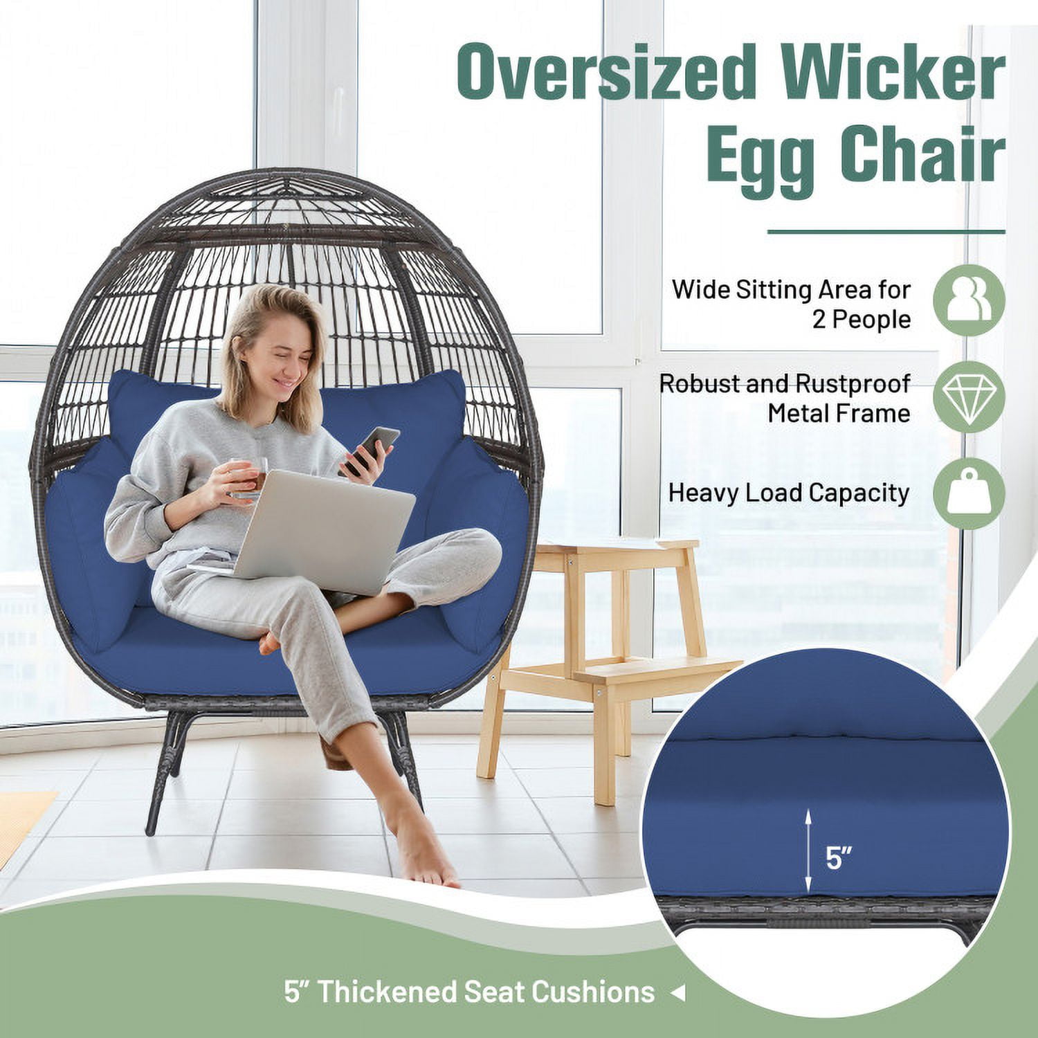 Aimee Lii Oversized Patio Rattan Egg Lounge Chair with 4 Cushions, Indoor Outdoor Patio Loungers, Navy