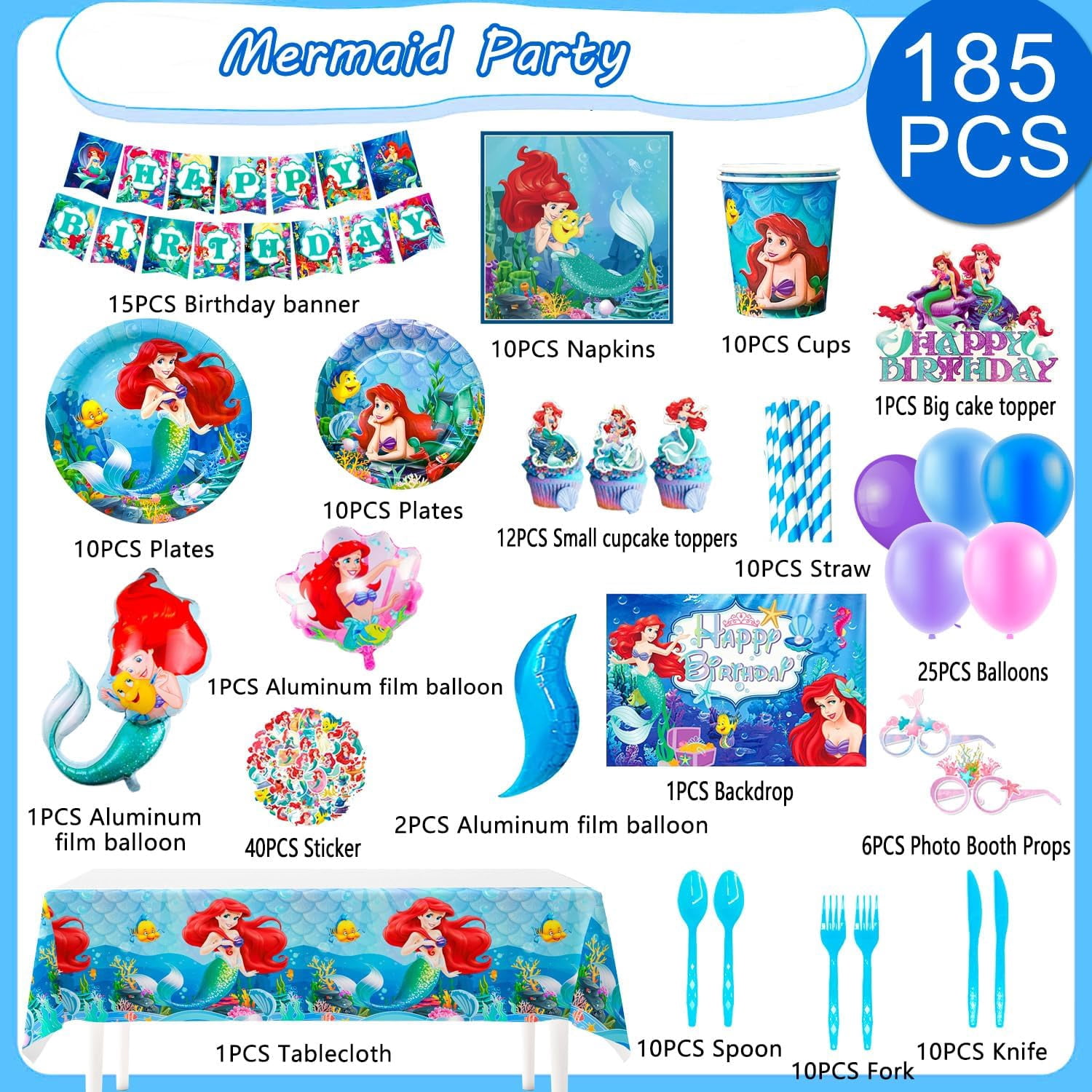 Little Mermaid Birthday Party Supplies,185pcs Little Mermaid Party Decorations&Tableware Set-Little Mermaid Party Plates and Napkins Backdrop etc
