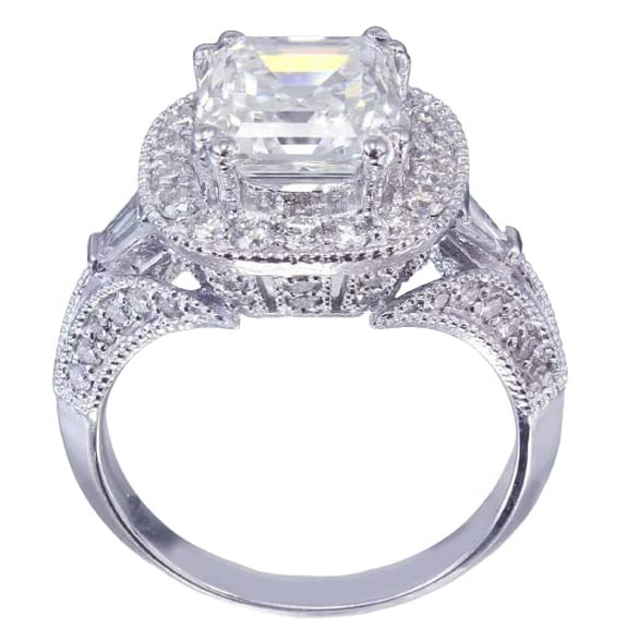 HeartsAndYou Halo Antique Inspired Vintage Inspired Engagement Ring for Women 3ct Asscher Cut Moissanite 18k White Gold over Silver