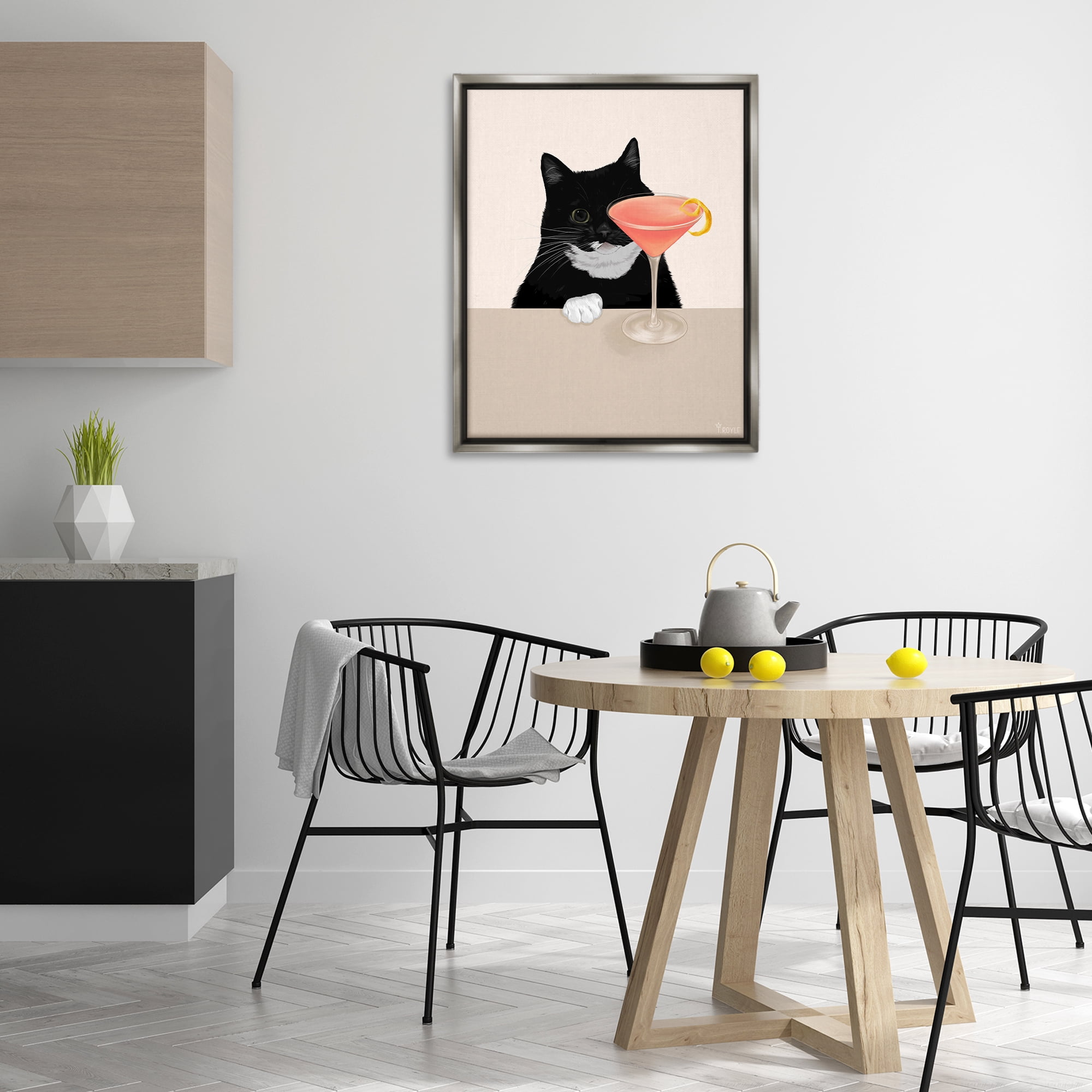 Stupell Industries Cat & Pink Cocktail Food & Beverage Painting Gray Floater Framed Art Print Wall Art, 25 x 31