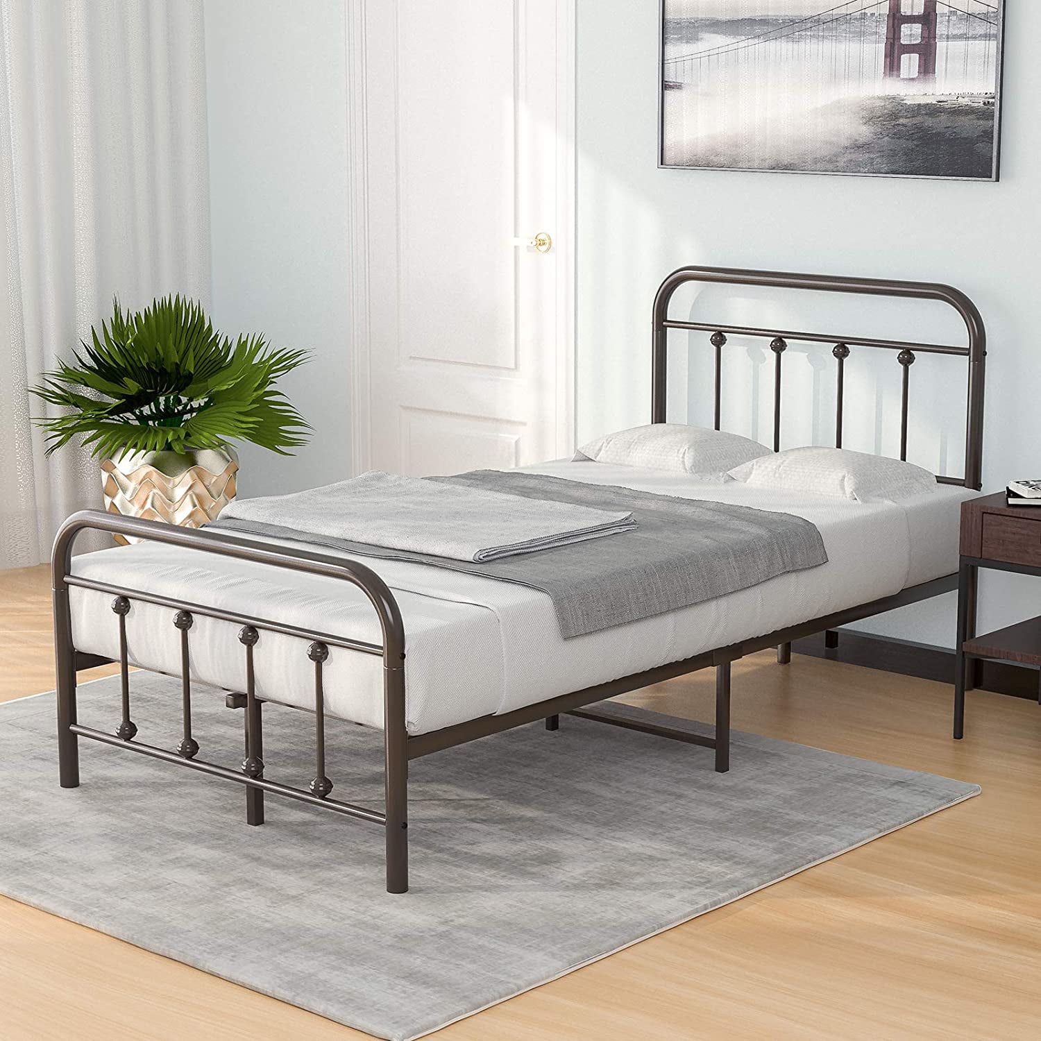 Mecor Metal Twin Bed Frame With Vintage, Twin Bed With Frame And Mattress