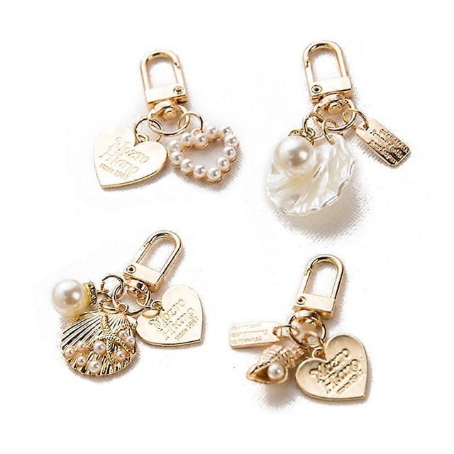 4 Pcs Love Letter Shell Conch Pearl Metal Golden Keychain Kit Bag Charm Jewelry