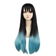 thumbnail image 2 of Pelucas con flequillo para mujer, peluca ondulada suelta de 70 cm, peluca de fibra de seda con degradado negro y azul, malla rosa con redecilla para el pelo, peluca postiza., 2 of 5