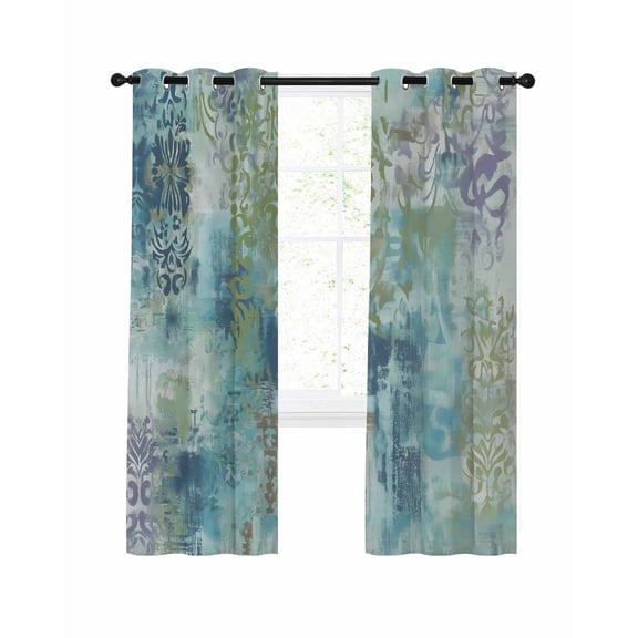 Blue Sage Green Boho Blackout Curtains, Light Blocking Print Window Curtains, Vintage Ethnic Tribe Abstract Art Thermal Insulated Window Drapes for Living Room Kitchen Cafe 2 Panels, 55"W x 39"L