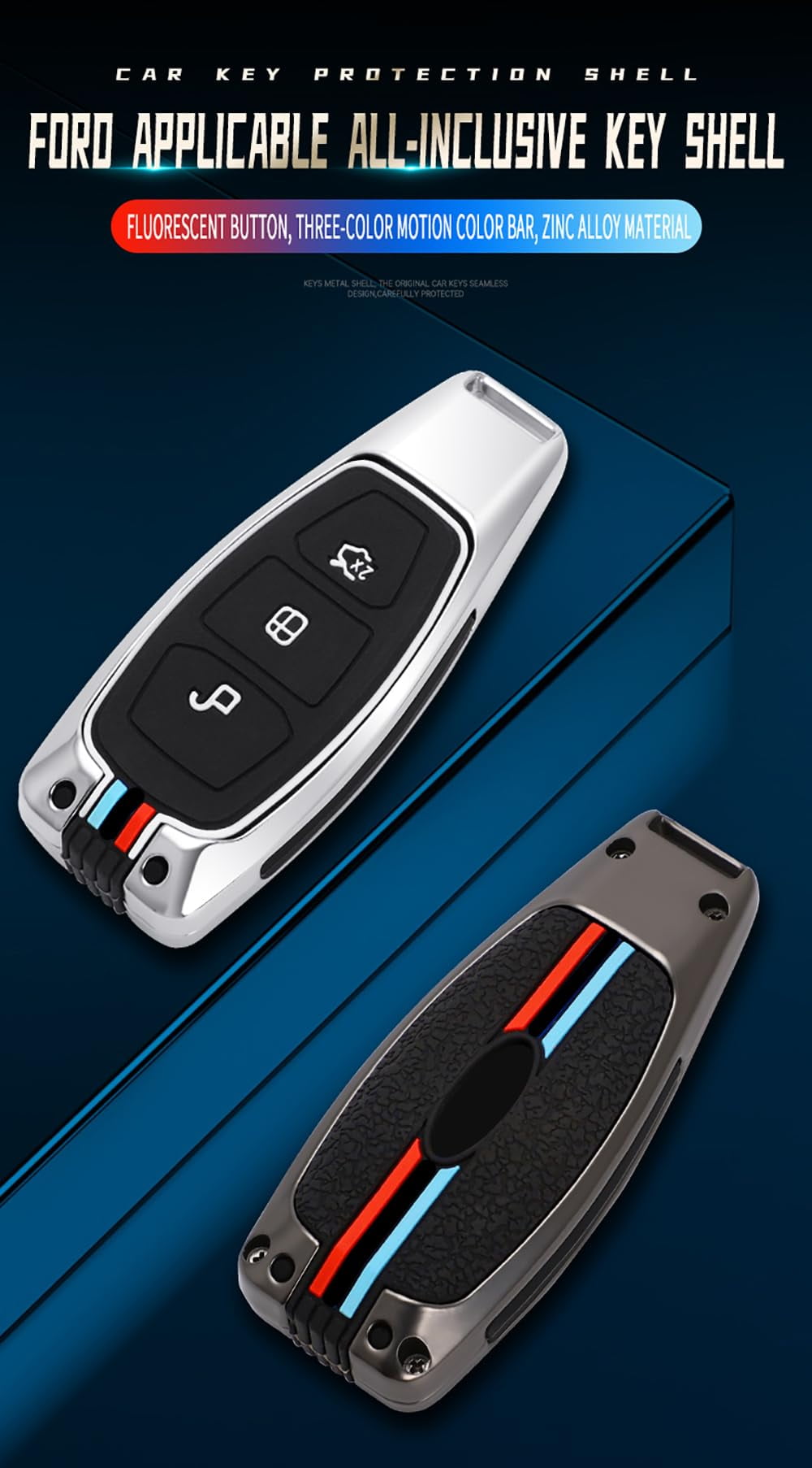 3-button Key Fob Case Fit for Ford Focus ST Car Key Cover Double Protection Metal Key Shell and Silicone Key Skin Keyless Entry Smart Remote Fit for C-Max Fiesta