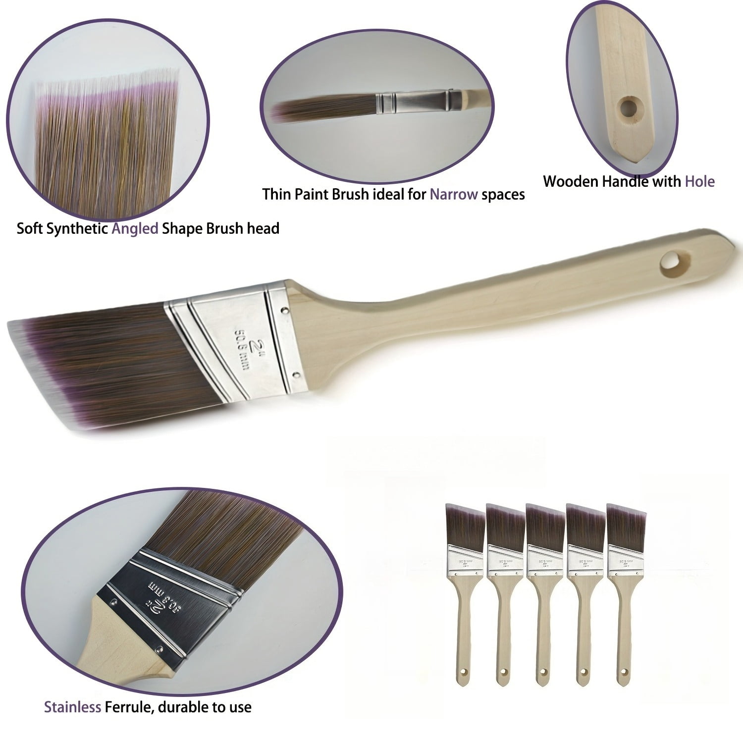 5-Pack Metal Bristle Paint Brushes for Precise Water-Based Latex Painting in Tight Spaces, Furniture, Ceilings & Wall Edges. Ideal for DIY & Pro Tools