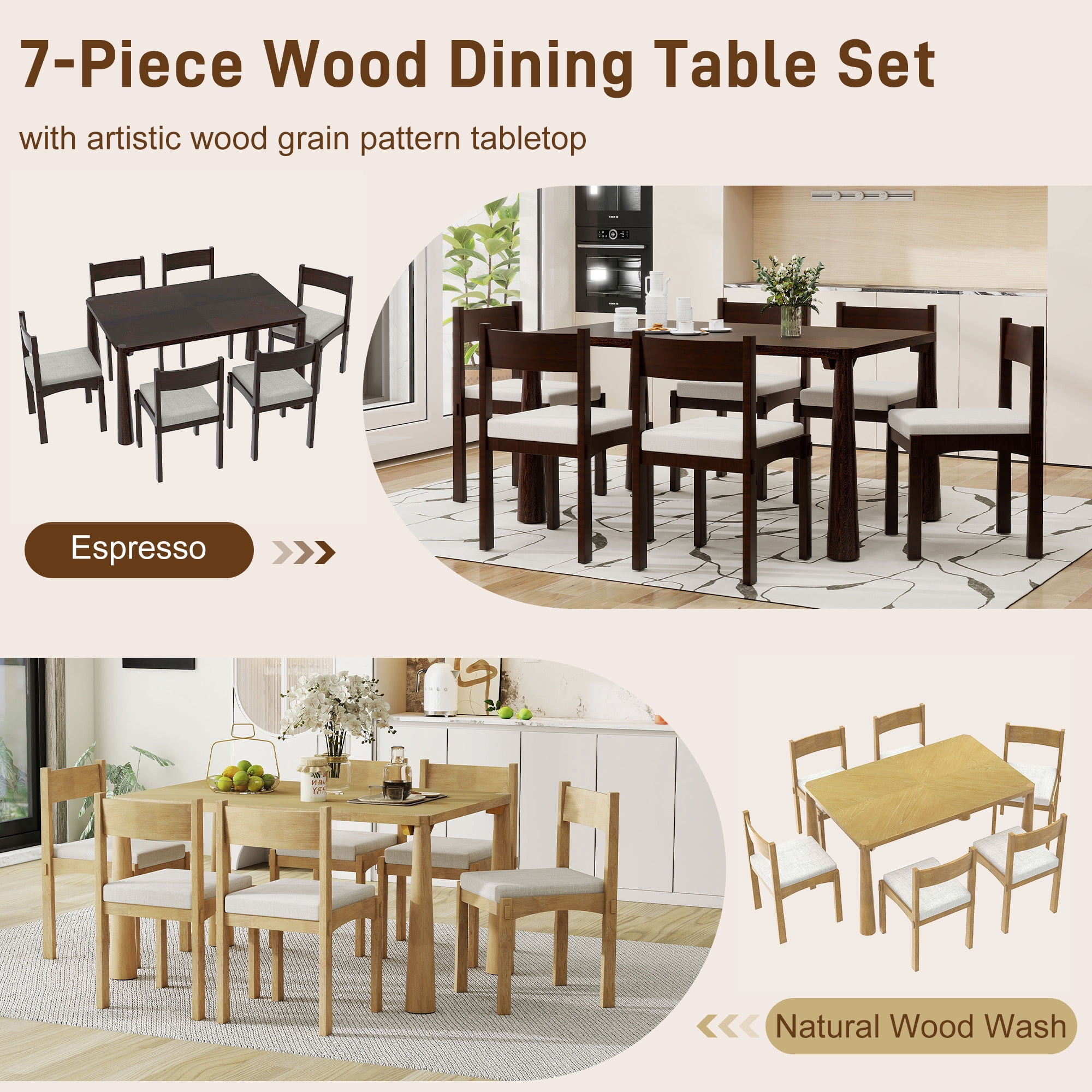 Euroco 7-Piece Farmhouse Dining Table Set with 6 Chairs,59.8" Kitchen Table & Chairs Set with Solid Wood Frame for 6,Perfect for Small Space,Espresso