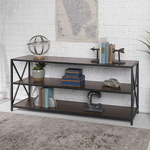 WE Furniture AZS60XMWDW 2 Shelf Industrial Wood Metal Bookcase Bookshelf Storage, 60 Inch, Walnut Brown