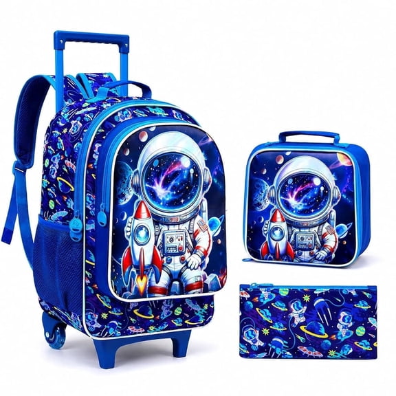 3PCS Boys Astronaut Rolling Backpack with Wheels, Kids Wheeled Bookbag with Lunch Box, Water-Resistant Roller School Bag for Elementary Preschool Toddler - Rocket Astronauts Blue