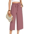 thumbnail image 5 of Womens Linen Cropped Pants, Drawstring High Waisted Wide Leg Casual Loose Capris Trousers with Pockets Beach Vocation Clothes L, 5 of 9