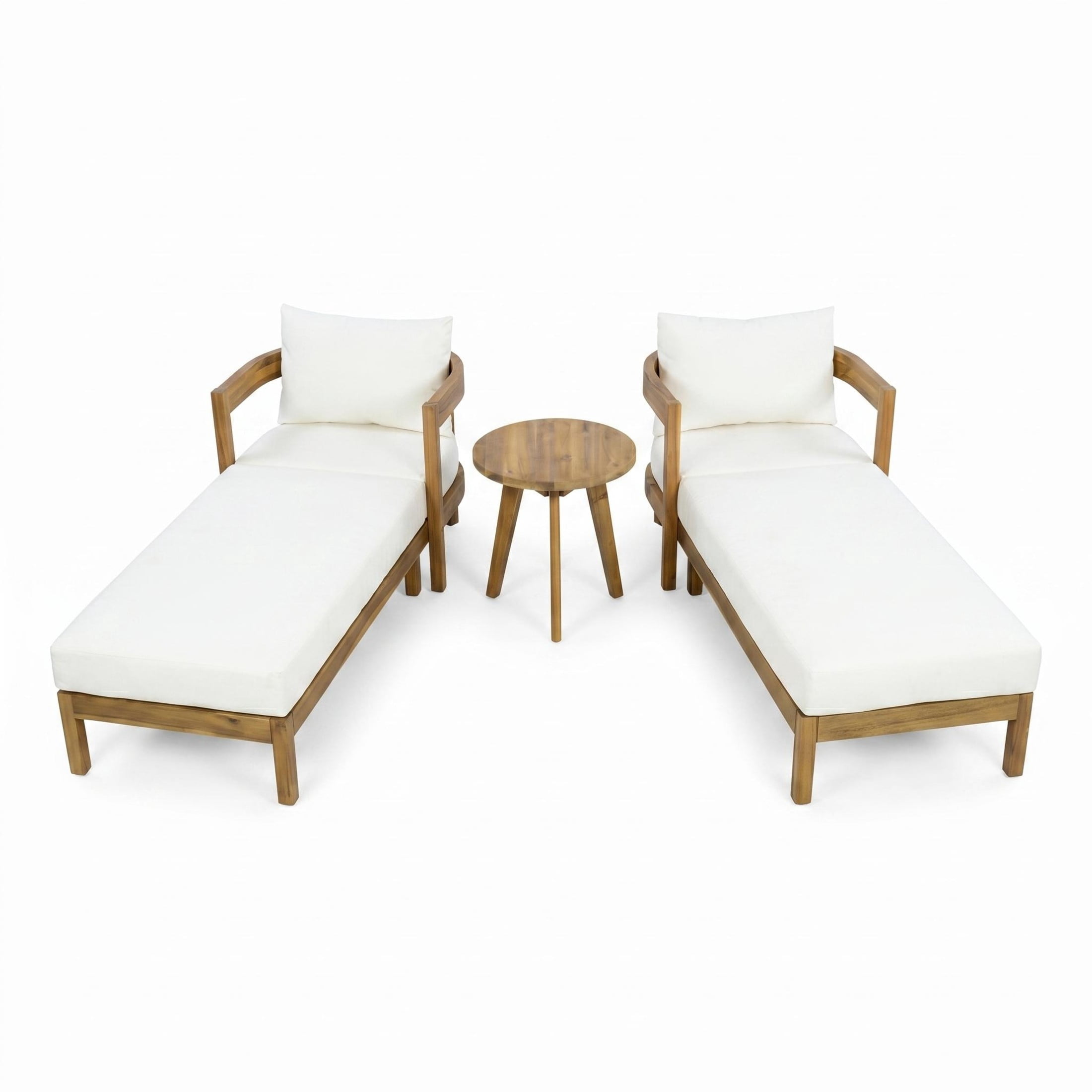 Christopher Knight Home 3-Piece Acacia Wood Outdoor Chaise Lounges Set with Side Table, Teak+Cream