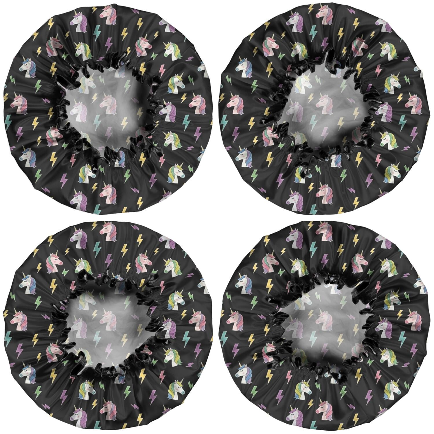 Shower Caps,Black Cartoon Unicorn Lightning Pattern Waterproof Shower Cap for Women 4 Pieces,Double Reusable Hair Cover for Shower PEVA Elastic Stretch Hem