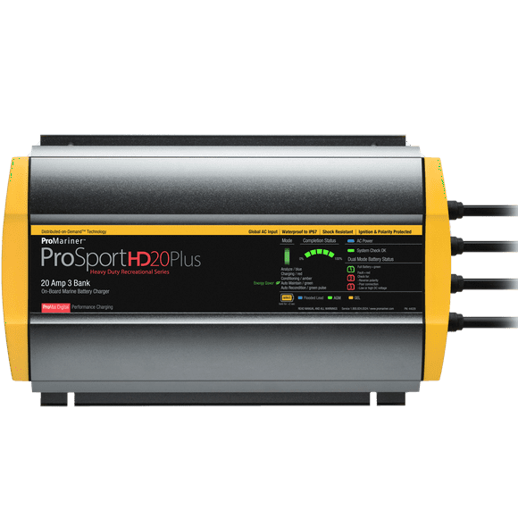 Pro Mariner ProSport HD 3 Bank Battery Charger | Waterproof, Global Input, 12/24/36V 20A | LED Display, Distribute-On-Demand, 5-State Charging