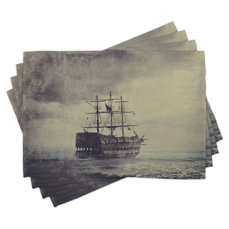 

Nautical Placemats Set of 4 Old Pirate Ship in the Sea Historical Legend Cruise Retro Voyage Grunge Style Art Washable Fabric Place Mats for Dining Room Kitchen Table Decor Tan Plum by Ambesonne