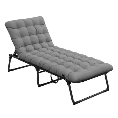 Outdoor Chaise Lounge, Adjustable Folding Beach Chair with Head Pillow - Patio Sun Lounger, 4-Position Backrest, Gray