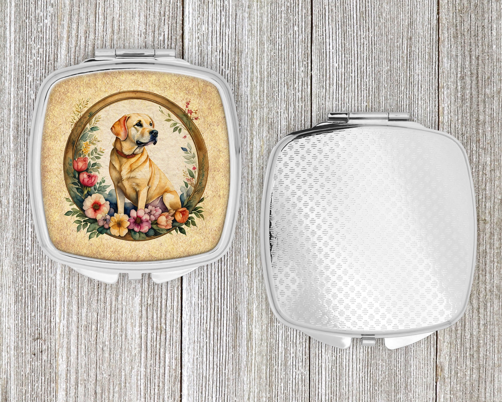 Yellow Labrador Retriever and Flowers Compact Mirror 2.75 in x 3 in