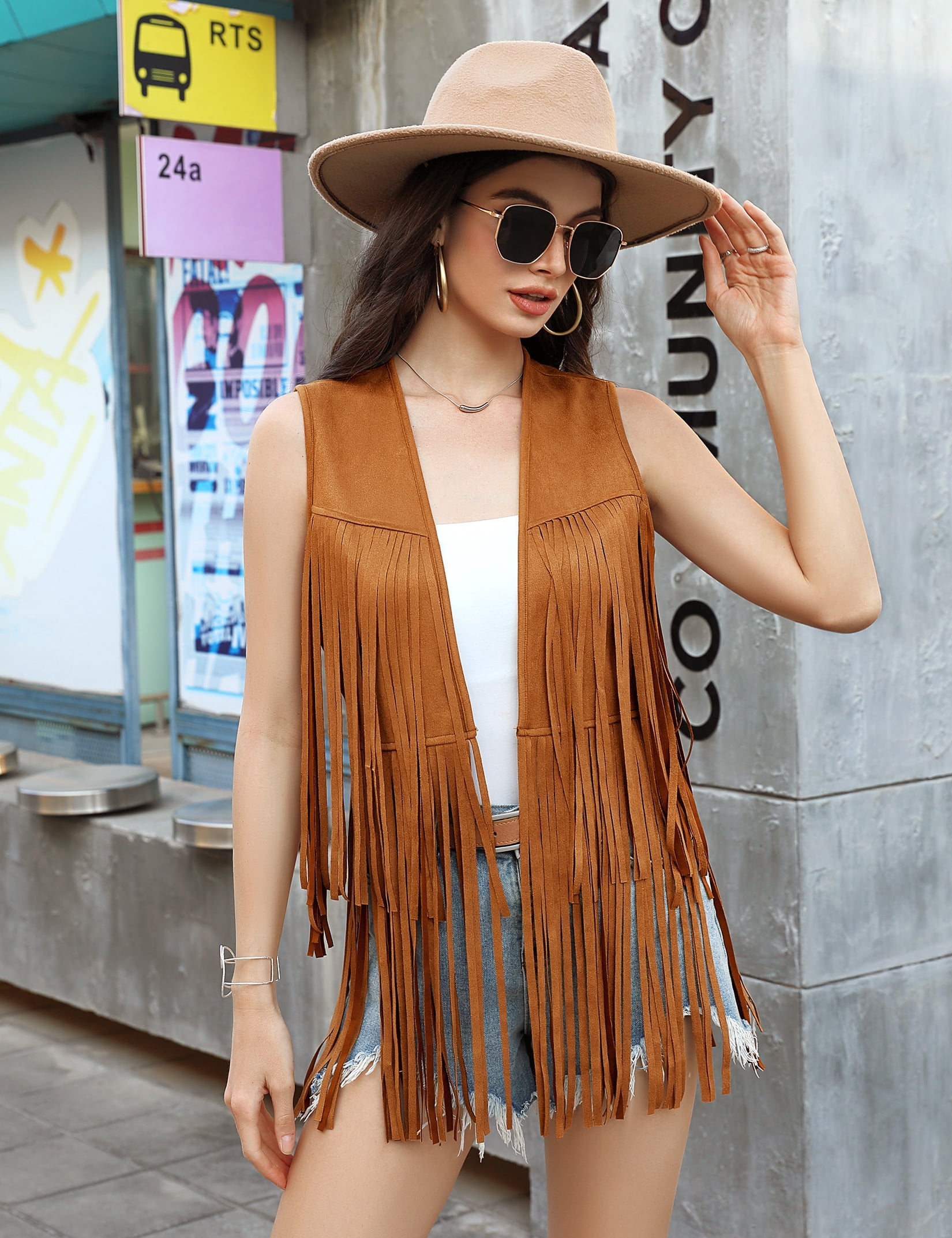 Yesfashion Women's Fringe Vest 70s Hippie Sleeveless Tassel Long Cardigan Jacket Cowgirl Western Tops