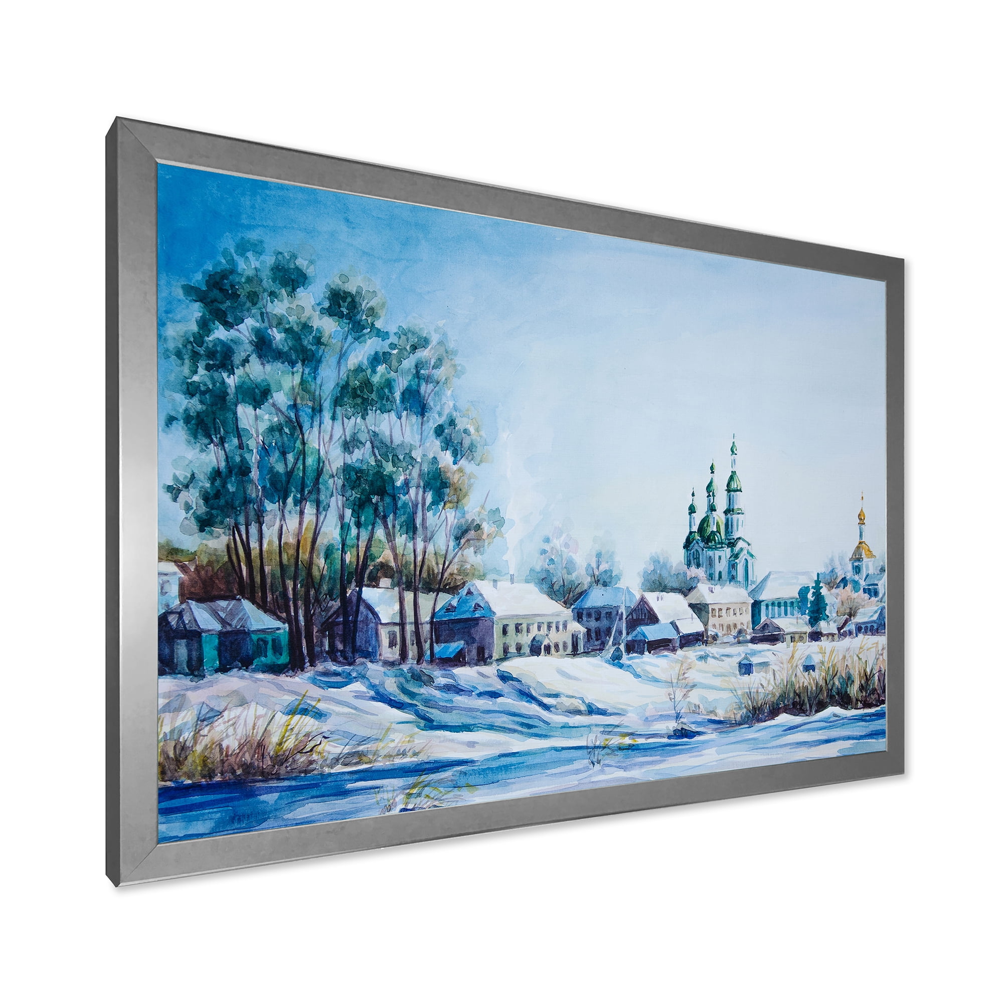 Designart 'Small Town Covered In Snow In Winter Times' Traditional Framed Art Print