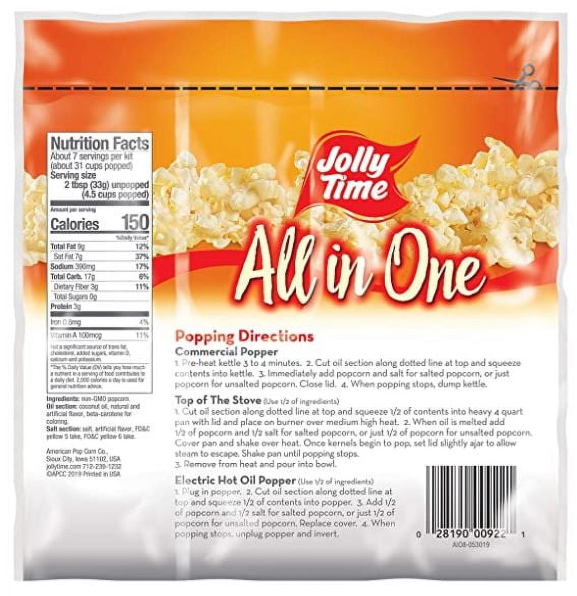 JOLLY TIME All-In-One Popcorn Machine Kits, 36/8oz Pack, Pre-Measured Kernels Oil & Salt, Gluten Free, Non-GMO, Concession Popcorn Supplies
