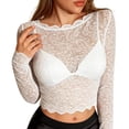 thumbnail image 2 of VBVC Women's Floral Lace Long Sleeve Crop Top , Ladies' Sheer Scalloped Trim Blouse , Breathable Party Clubwear Tops For Women,White,S-XL, 2 of 7