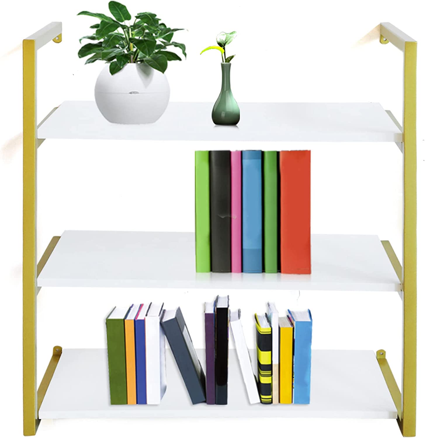 Miumaeov 3Tier Floating Shelf with Metal Bracket Wall Mounted Wood Storage Rack(Gold)