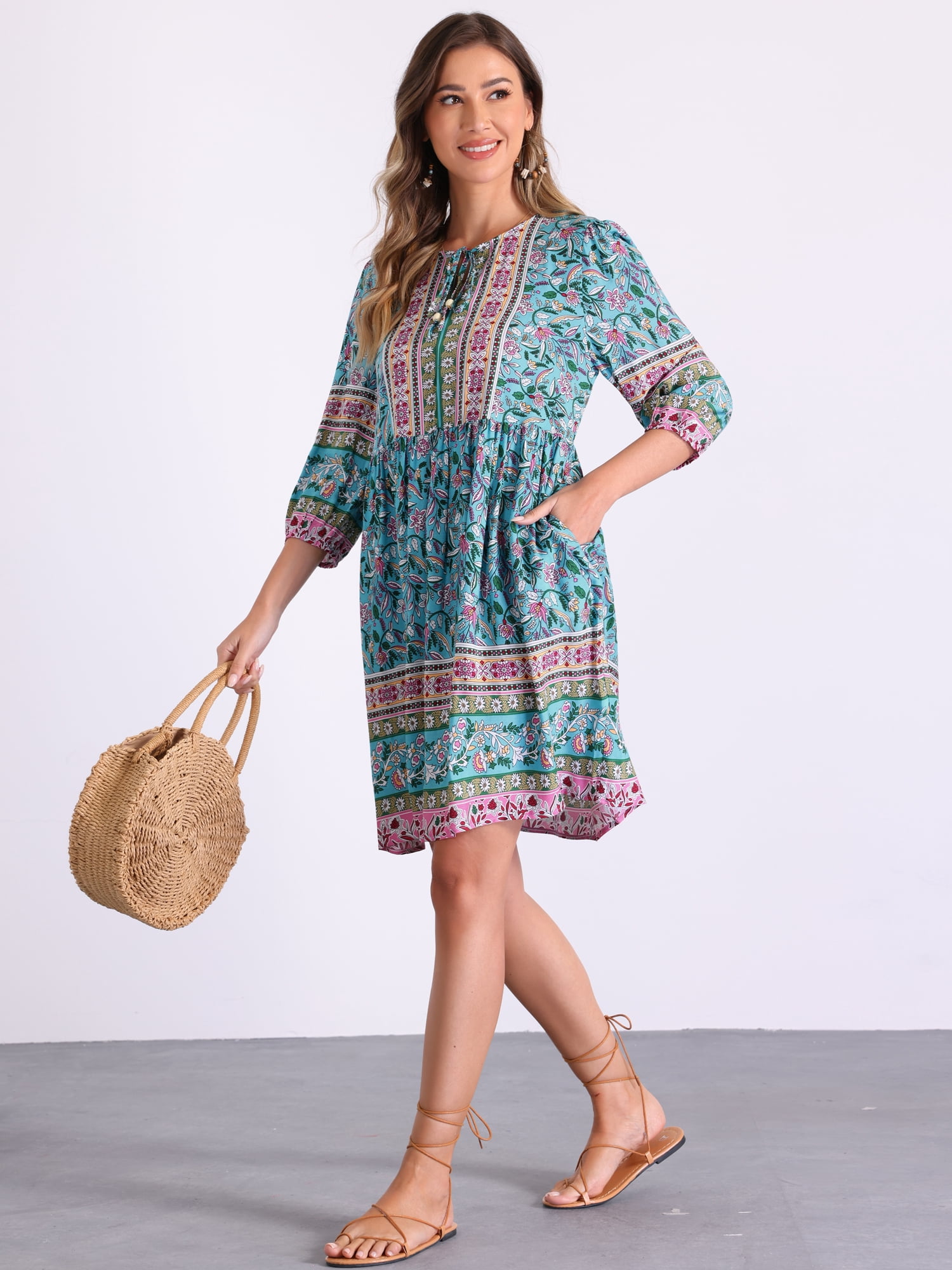 DARING DIVA Boho Floral 3/4 Sleeve Flowy Babydoll Short Dress L Blue