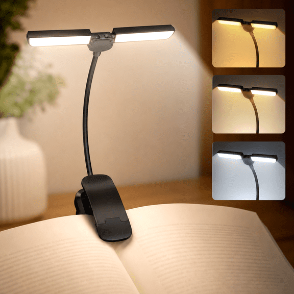 PUCACHI Book Light, Rechargeable Clip On Reading Lamp with 3 Color Modes & Stepless Dimming, 180° Adjustable Head, 70H Runtime, Portable Eye-Caring Light for Bed Reading, Black